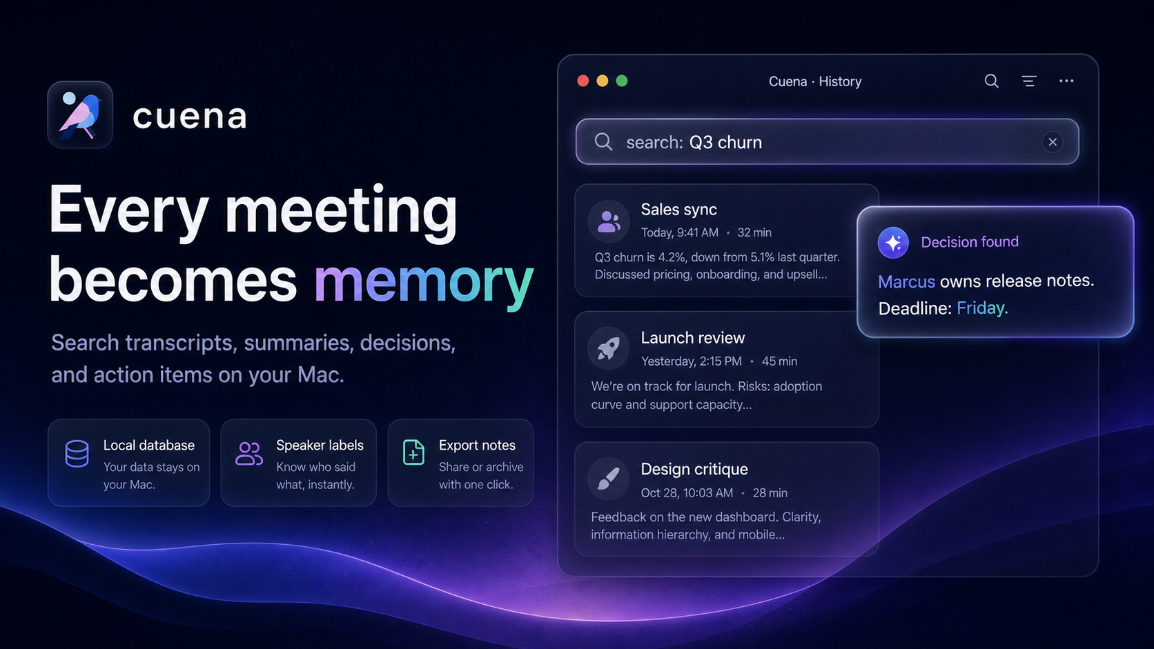 Cuena searchable local history showing meeting summaries, transcript search, and a found decision.