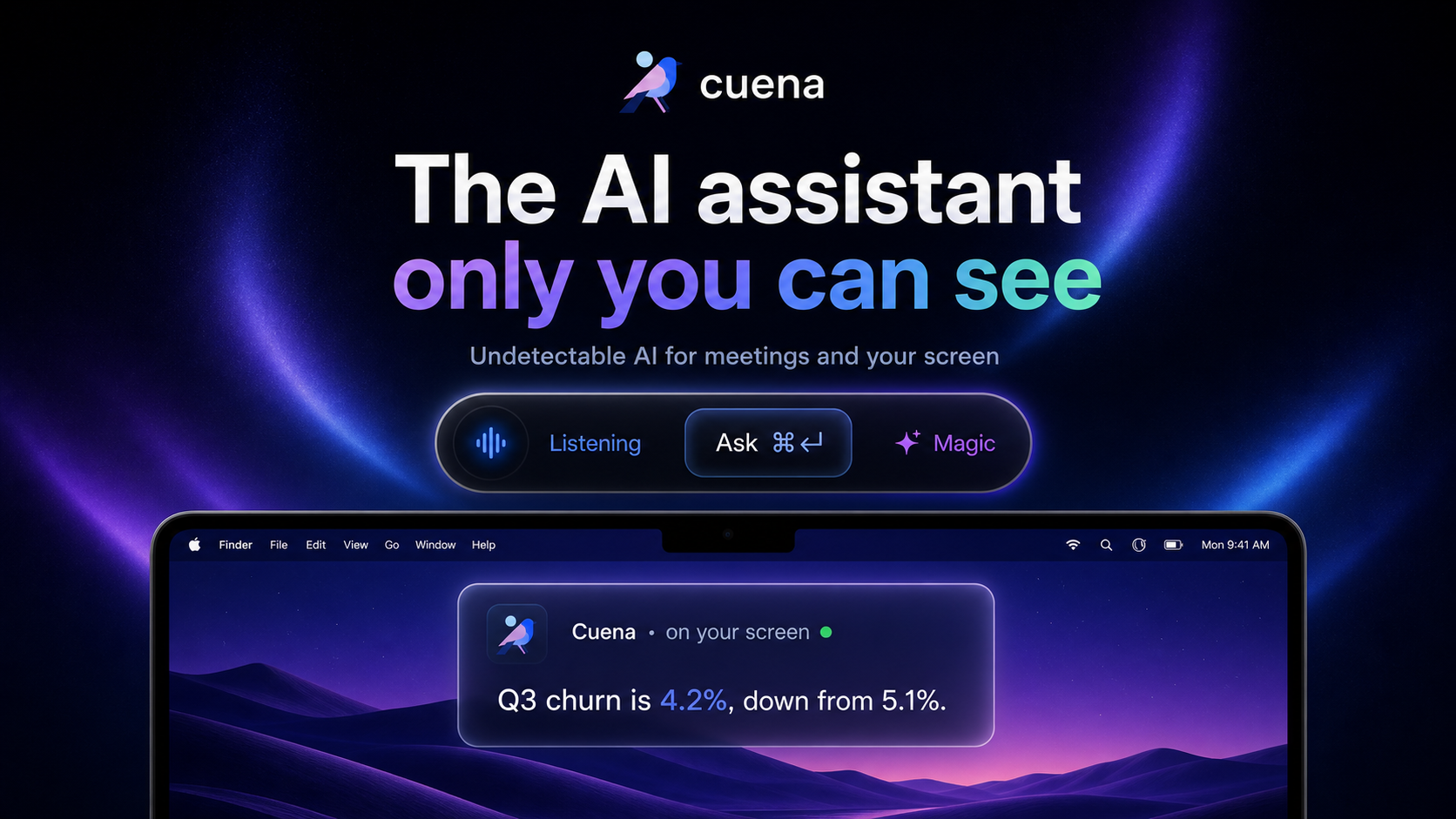 Cuena private AI assistant visible only to the user on top of a desktop screen.