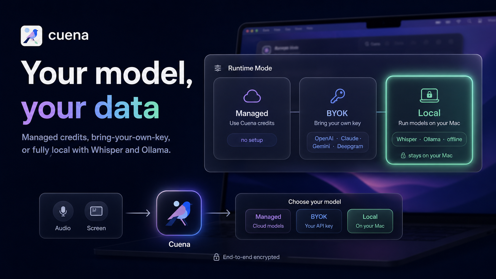 Cuena runtime mode panel showing managed credits, bring your own key, and fully local Whisper and Ollama options.